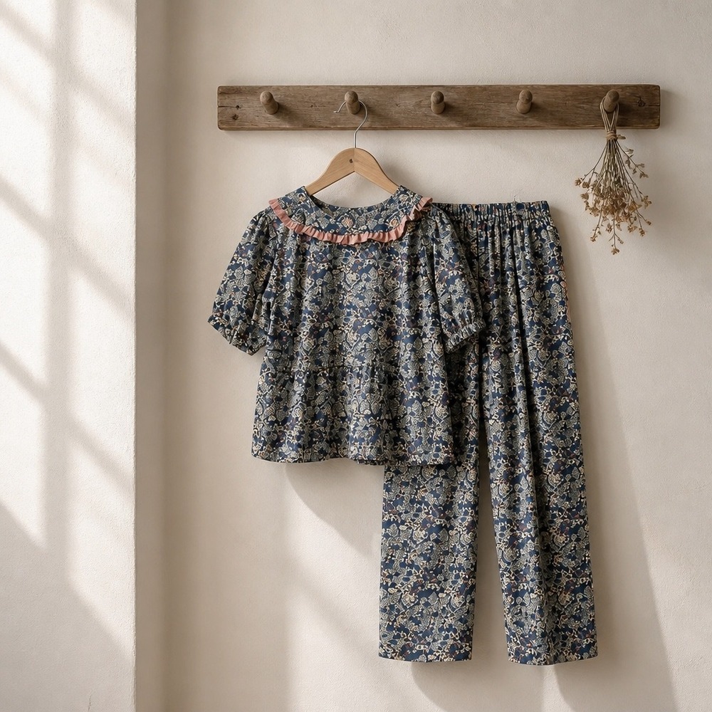 Sunday Up Womens Floral Set Blue floral w Stripe Ruffle Peter Pan Collar Large - Picture 2 of 12